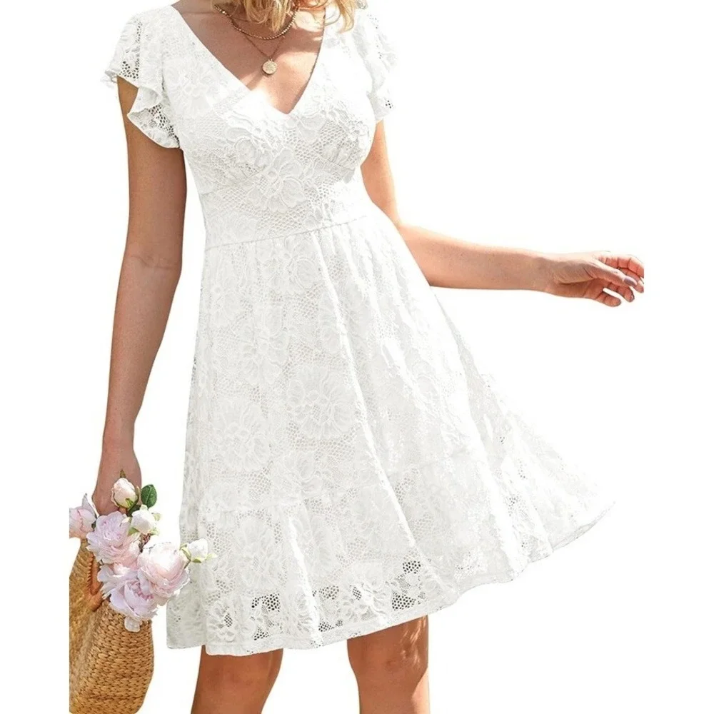 MEROKEETY Women's Floral Lace Short Sleeve Dress White color Tie Back size Med